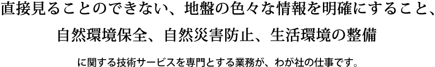 直接見ることのできない、地盤の色々な情報を明確にすること、自然環境保全、自然災害防止、生活環境の整備に関する技術サービスを専門とする業務が、わが社の仕事です